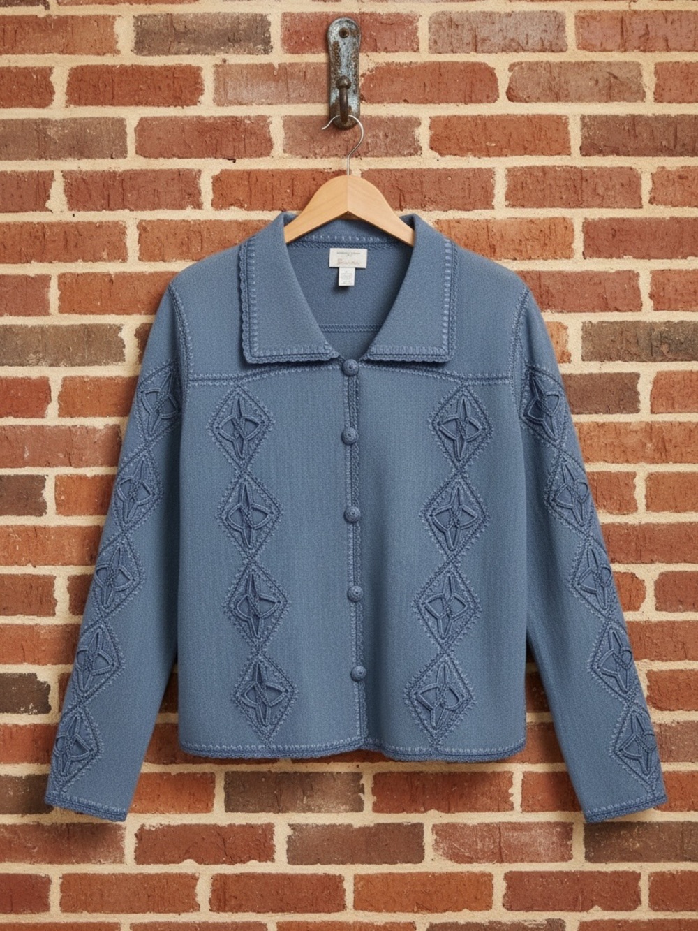 Vintage Kroshetta Blue Denim Crochet Detailing Button Front Blouse Jacket Size S